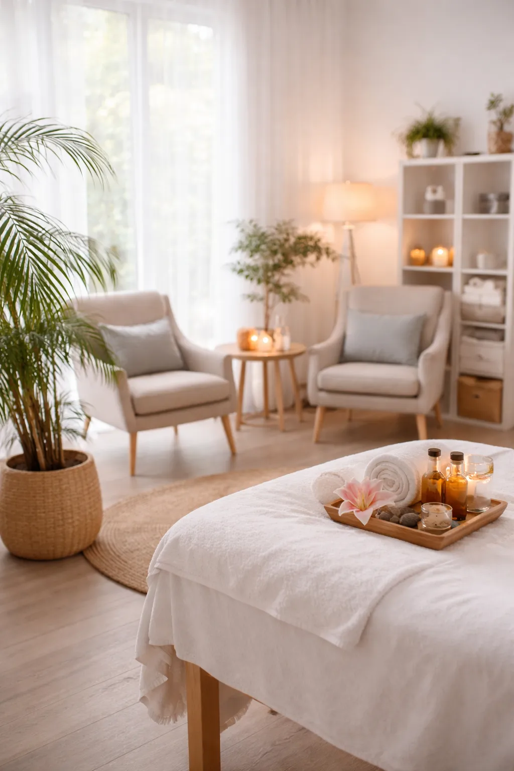 Espace de bien-être chaleureux avec fauteuils, plantes et table de soin